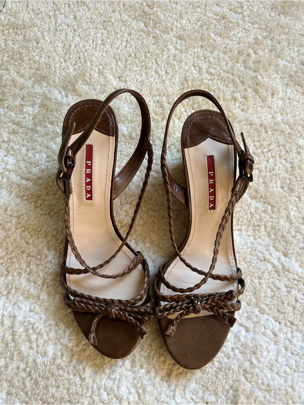 Prada Brown Braided Leather Cork Wedge Sandals Slingback Shoes EU 38 US 8